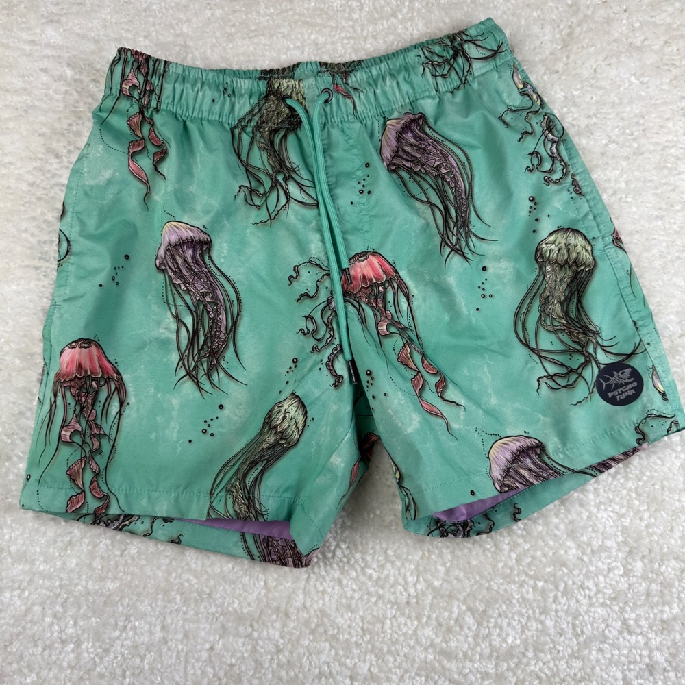 Psycho Tuna Swim Trunks Mens‎ Med Green Jellyfish Print Board Shorts Drawstring
